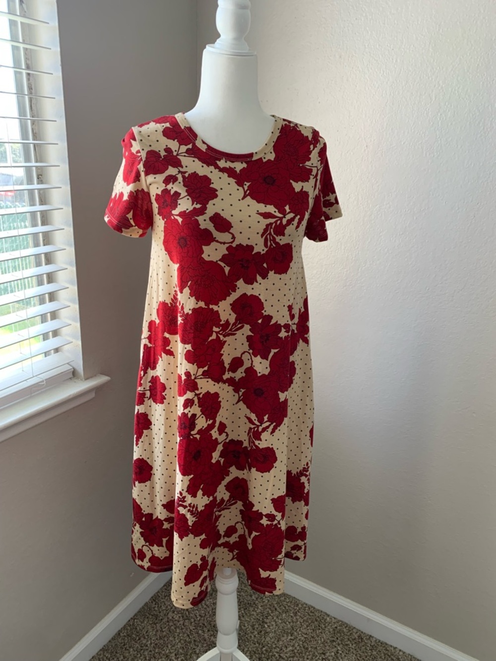 LuLaRoe Cream Midi Dress with Red Floral Print